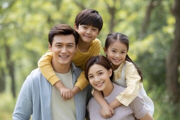 Fototapeta premium Happy Family Portrait: Joyful Children on Parents' Shoulders in a Serene Park