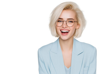 A set of smiling blonde businesswomen with bob haircuts in light blue blazers and eyeglasses, captured in soft natural poses, isolated on a transparent background