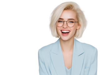 A set of smiling blonde businesswomen with bob haircuts in light blue blazers and eyeglasses, captured in soft natural poses, isolated on a transparent background