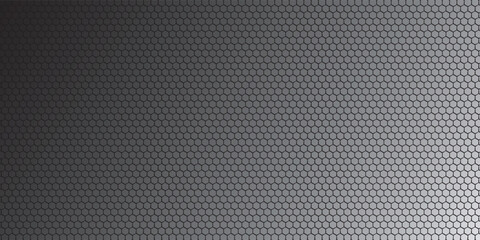 Dark grey abstract wide horizontal banner with hexagon carbon fiber grid and orange luminous lines. Technology vector background with orange neon lines