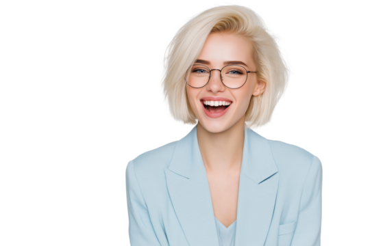 A set of smiling blonde businesswomen with bob haircuts in light blue blazers and eyeglasses, captured in soft natural poses, isolated on a transparent background