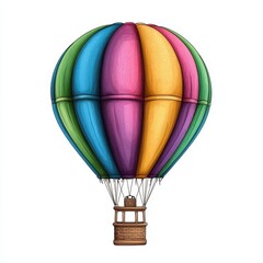 Illustration of Colorful Hot Air Balloon with Vertical Stripes and Wooden Basket