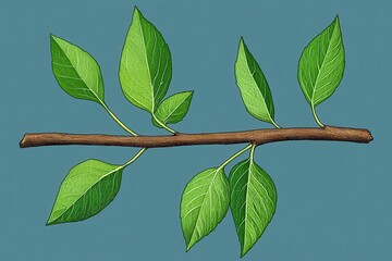 Illustration of Brown Branch Adorned with Vibrant Green Leaves on Turquoise Background