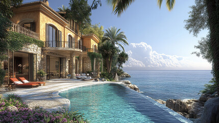 Fototapeta premium Luxurious oceanfront villa with stunning infinity pool and tropical landscape
