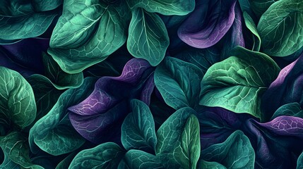 Abstract botanical background with lush green and purple leaves creating a vibrant texture