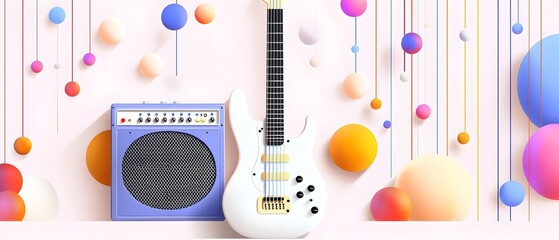 A guitar, a guitar amplifier, and a speaker are displayed on a pink background