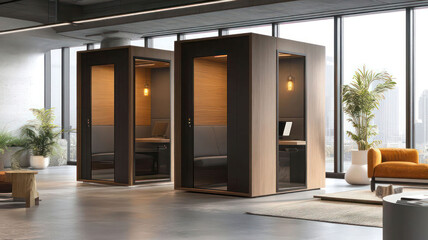 Modern office with soundproofed meeting booths and natural materials