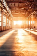 Sunlight streaming through warehouse windows creating warm light effects on concrete floor