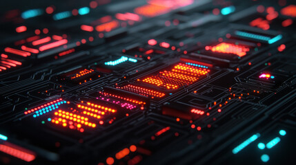 Obraz premium Glowing circuit board with connected data nodes, futuristic technology, artificial intelligence, digital network, innovation