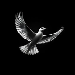 A stylized, monochrome bird in flight against a black background.  Detailed, elegant wings outstretched