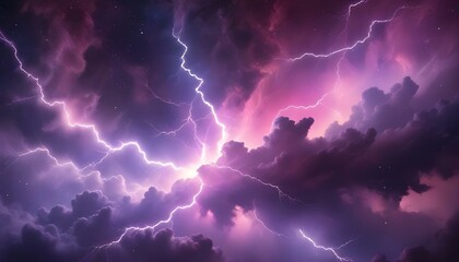 Intense lightning illuminates a purple-hued sky filled with dramatic, dark storm clouds.