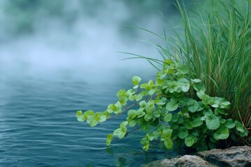 Naklejka premium Serene Pondside: Lush Green Vines and Grasses in Misty Tranquility