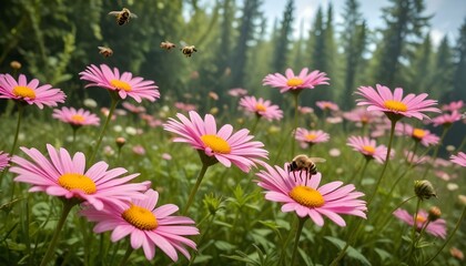 Fototapeta premium A vibrant field of pink daisies is buzzing with bees on a beautiful sunny day.