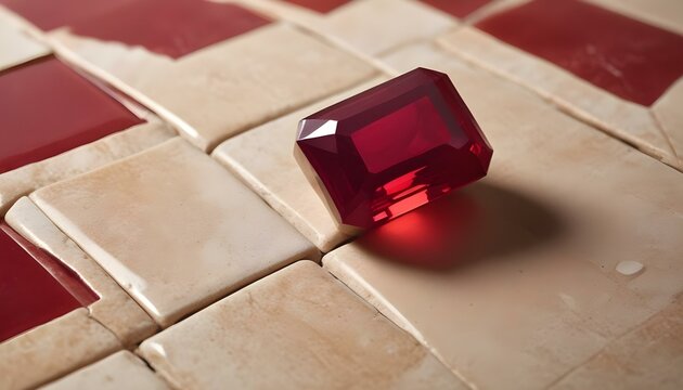 A stunning red ruby gemstone sits elegantly on a textured, patterned tiled surface.