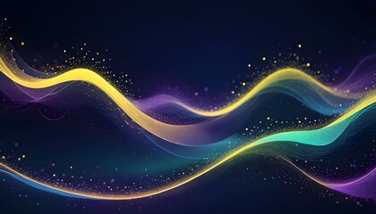 An abstract digital artwork presents flowing waves of color with shimmering particles, a modern design.