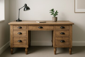 Elegant wooden desk with modern lamp and plant in cozy office setting, showcasing simplicity and functionality in design