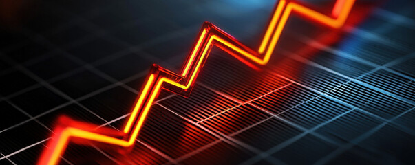 Glowing red graph line surges upward on dark grid background, symbolizing growth, success, and dynamic financial progress