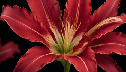 The stunning red lily displays a beautiful, intricate structure against a dark background.