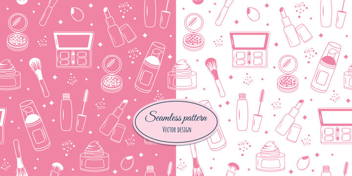 Seamless makeup pattern with hand-drawn makeup elements. Vector contour drawing for fabric, wallpaper, wrapping paper and more.