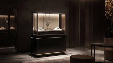 Elegant jewelry display case showcasing a collection of exquisite pieces indoors