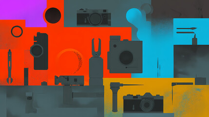 A flat lay of various photography and filmmaking equipment, including cameras, lenses, accessories, and tools. narrative flat. Illustration