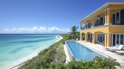 Fototapeta premium Luxurious oceanfront property with stunning views and serene poolside setting
