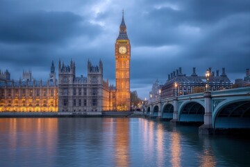 Fototapeta premium London's Iconic Clock Tower: Serene Twilight Panorama