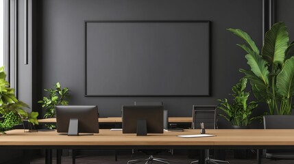Modern Dark Office Interior with Large Blank Frame and Lush Greenery