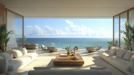 Fototapeta premium Luxurious oceanfront living room with stunning views and modern decor, creating serene