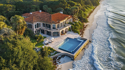 Naklejka premium Luxurious oceanfront property with stunning pool and lush greenery nearby