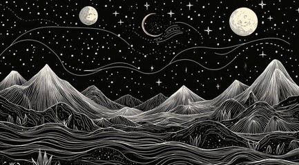 Night sky, mountains, and moon.  Line art