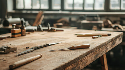 Industrial style wooden worktop with craft tools, natural light, rustic atmosphere, creative workspace, faded background, calm mood