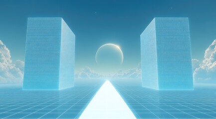 Synthwave cityscape, glowing grids