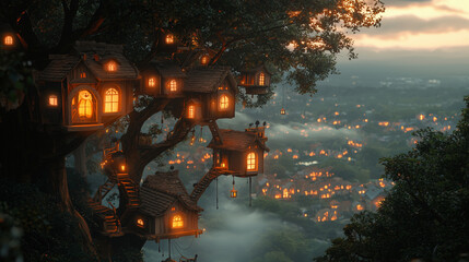 Fantasy tree adorned with glowing lanterns under the night sky, set in a dreamy forest landscape. A magical and peaceful illustration perfect for fairytales, book covers, or children’s room decor.

