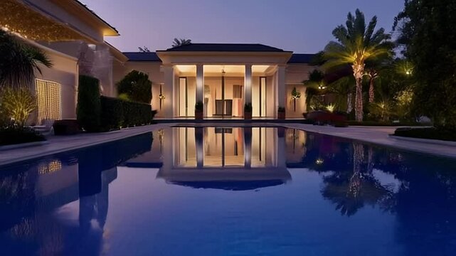 Still pool water mirroring villa architecture at evening