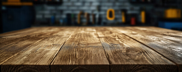 Industrial woodwork table with tool shadows in background, rustic texture, warm lighting, workshop atmosphere, creative workspace