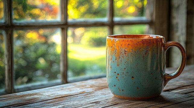 Vintage Mug by Window, Warm Light Reflecting Autumn View, Wooden Table & Natural Lighting, Cozy Afternoon Tea Scene