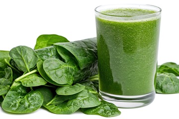 Fresh spinach leaves sit beside a glass filled with a vibrant green smoothie drink