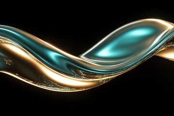 Gold and teal metallic fluid flows together elegantly against a dark, contrasting background
