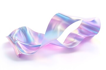 Holographic ribbon flows gracefully, displaying vibrant pastel hues against a clean white background