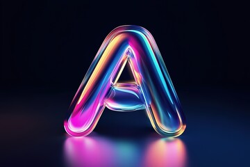 Iridescent letter A glows on a dark surface, reflecting colorful light beautifully