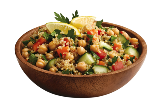 Delicious and healthy quinoa salad with chickpeas, cucumber, bell pepper, and lemon. Perfect for a light lunch or dinner.