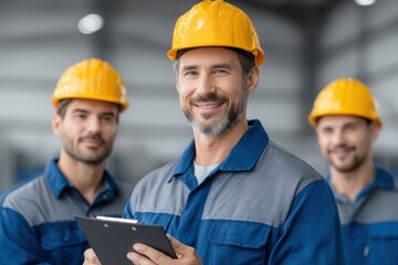 Confident Foreman and Team: Industrial Portrait in a Factory Setting