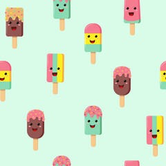 Seamless pattern of colorful popsicles with faces. Suitable for summer themed designs, children's products, prints, and stationery items. Vibrant and whimsical.