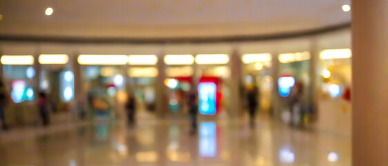Blurred indoor view of a shopping mall with people walking around.premium shopping center background for poster, banner and flyer background
