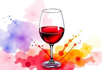 Elegant wine glass, vibrant watercolor splashes around it, ample negative space, negative space, vibrant