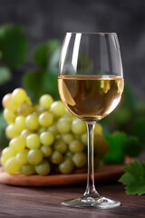 Various sorts of cheese, grapes and two glasses of the white wine