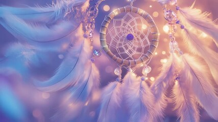 Decorative dreamcatcher with feathers and beads in soft pastel colors - Powered by Adobe