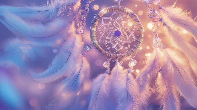 Decorative dreamcatcher with feathers and beads in soft pastel colors