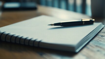 Fototapeta premium Elegant writing instrument resting atop a ruled notebook, focus on creative work